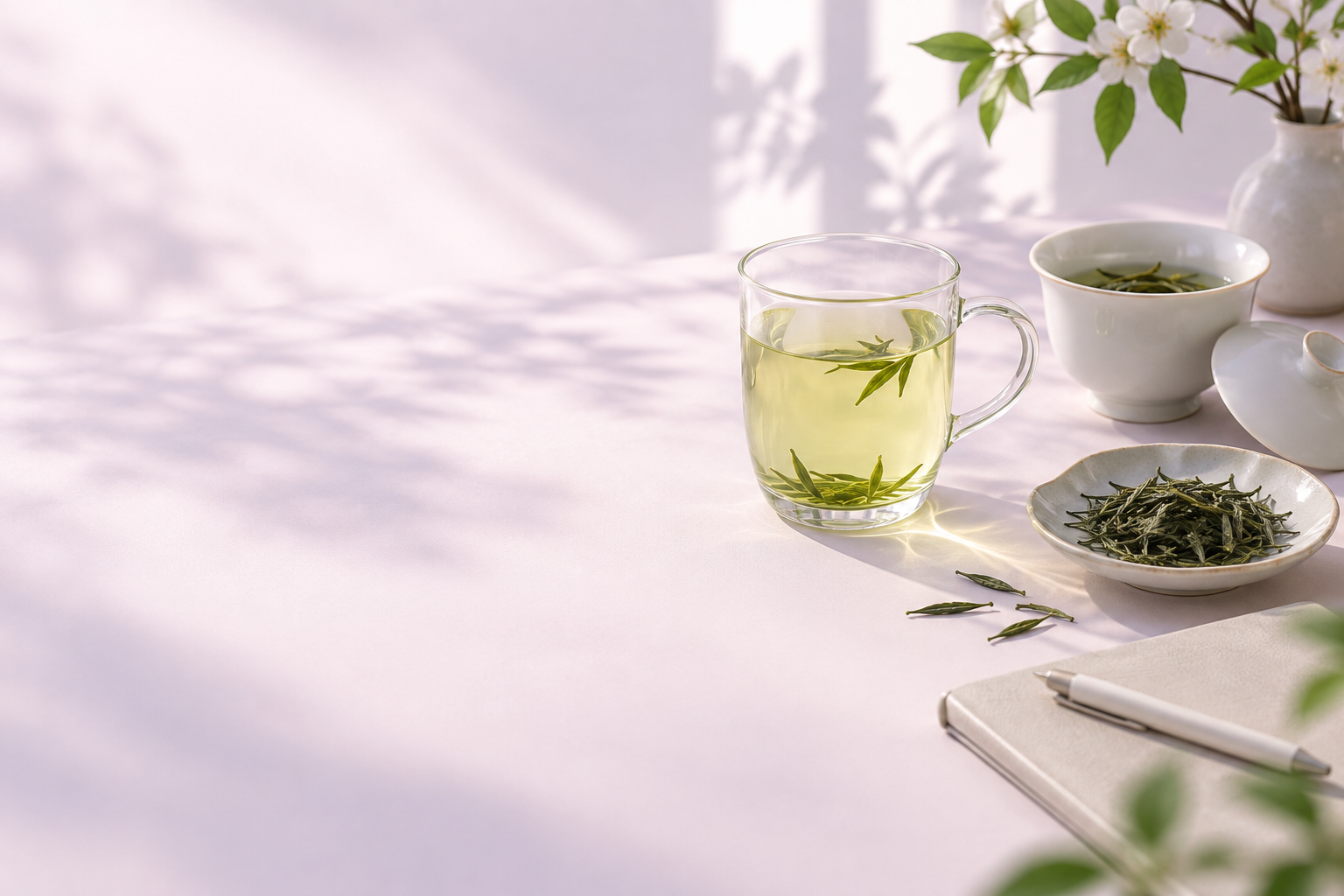 AI 生成茶席示意图：玻璃杯绿茶、白瓷茶器、干茶与记录本，用于提示冲泡与笔记主题
